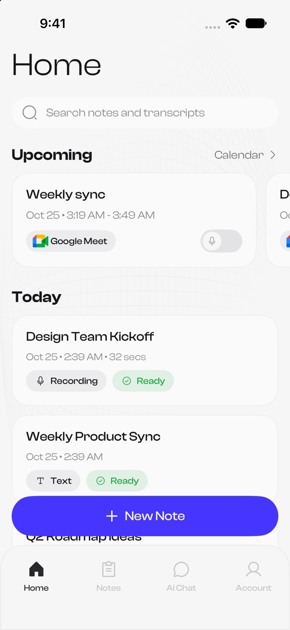 The home screen of AI Note Taker